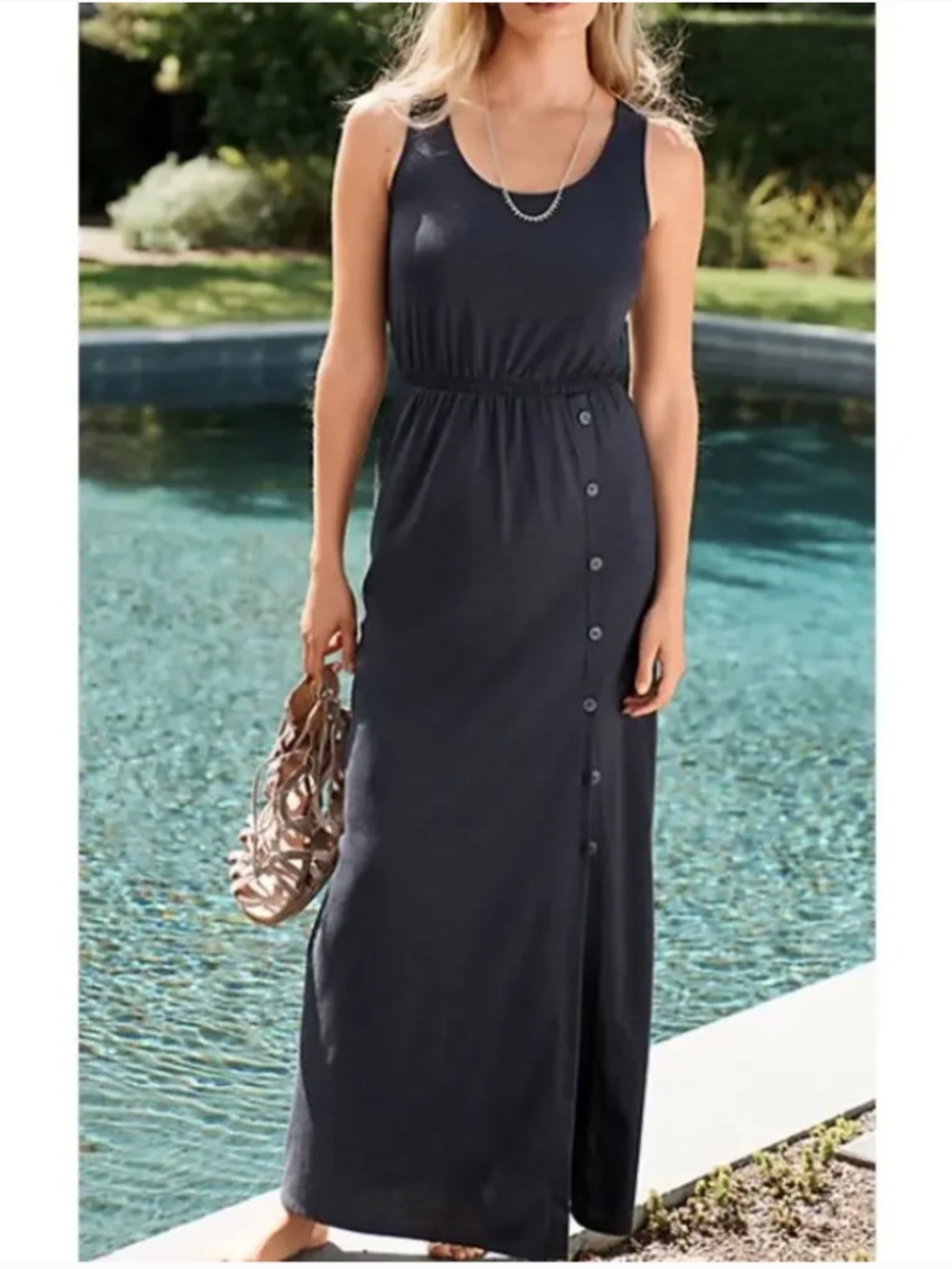 NWOT Garnet Hill Organic Cotton Side Button Knit Navy Blue Maxi Dress